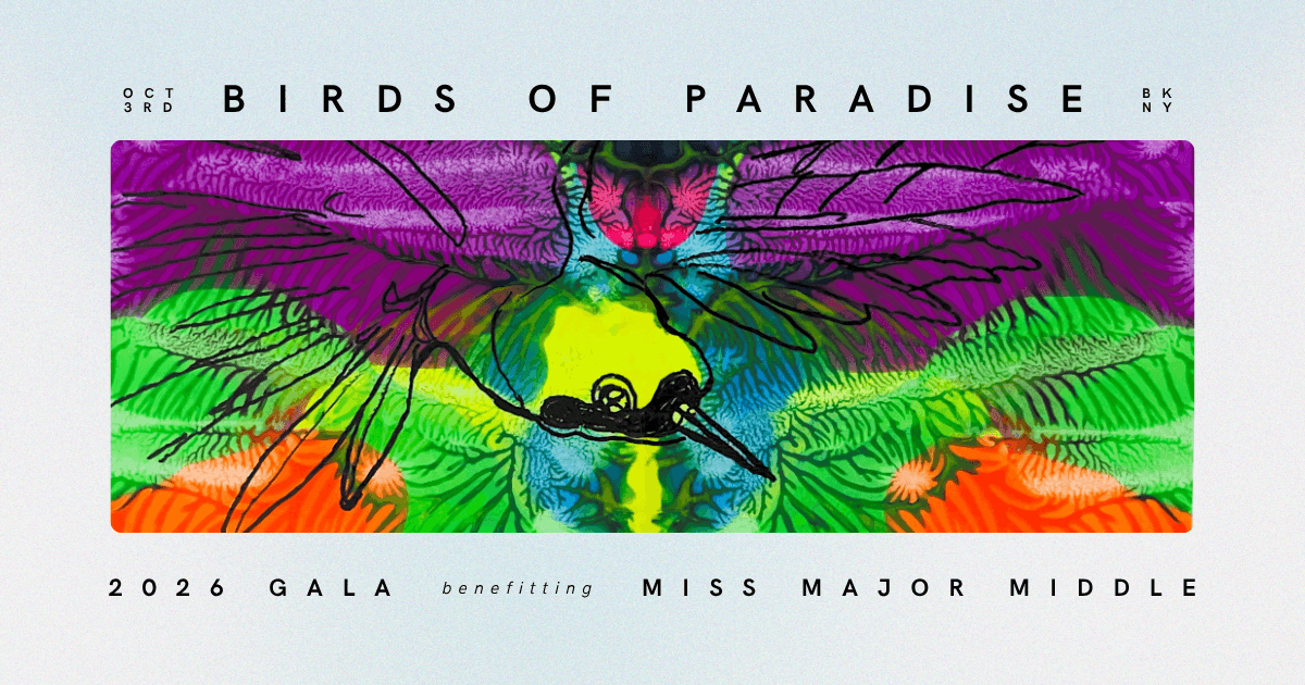 Birds of Paradise gala banner, a colorful illustration of a hummingbird in purple, green, orange, and yellow